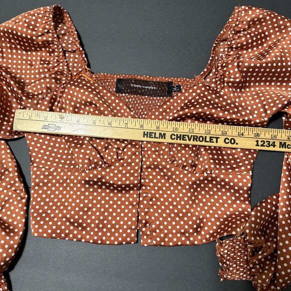 Rust Polka Dot Cropped Blouse Women Size Small Long Sleeve V-Neck Code X Mode - Picture 11 of 13